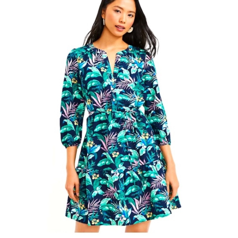 Ann Taylor Loft palm print Henley flounce shirt dress size XS